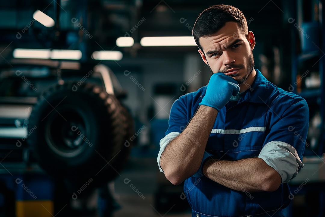 Homem jovem mecânico sobre oficina.