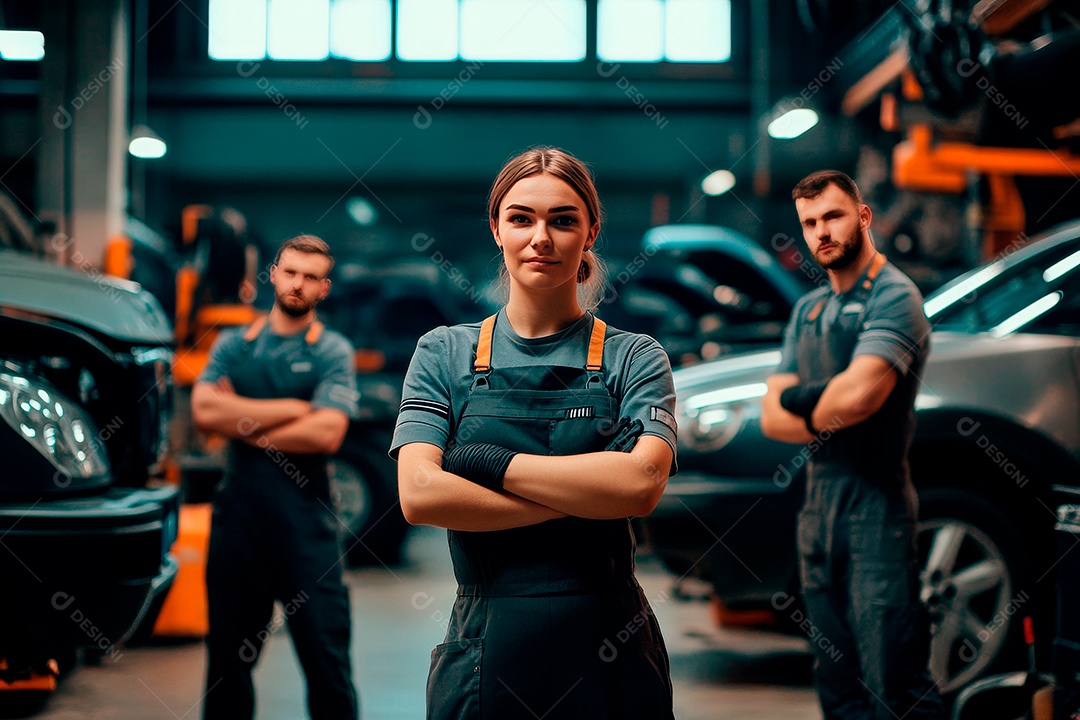 Men and women young mechanics on workshop