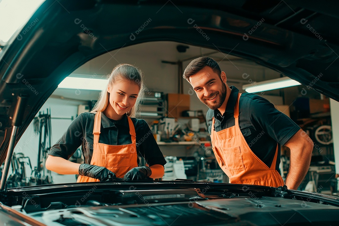 Men and women young mechanics on workshop