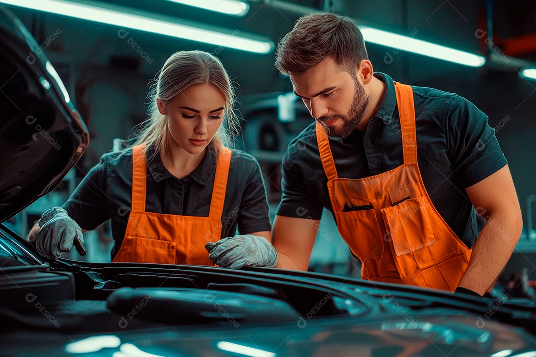 Men and women young mechanics on workshop