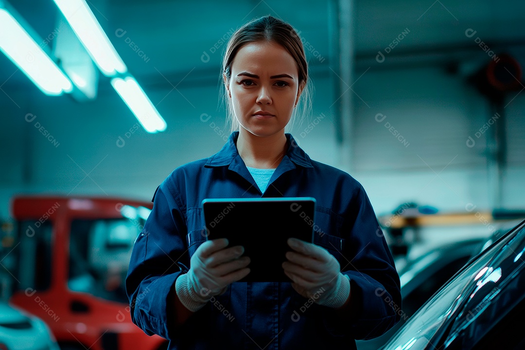 Mulher jovem mecânico sobre oficina.