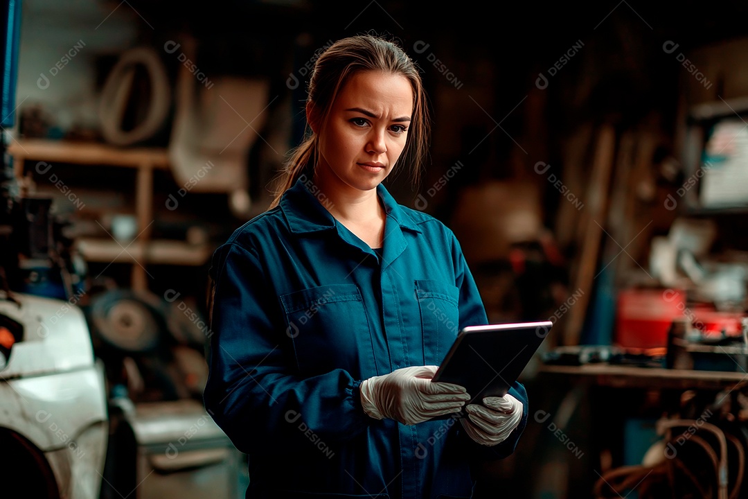 Young mechanical woman on workshop