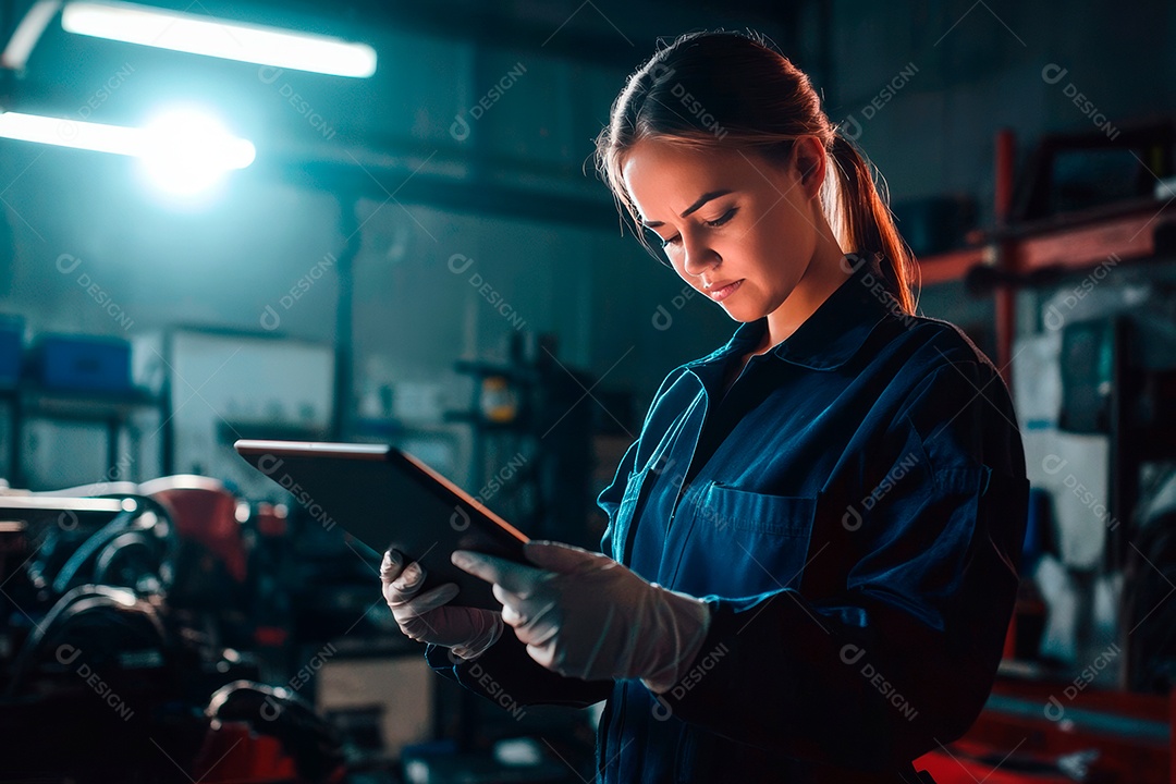 Young mechanical woman on workshop