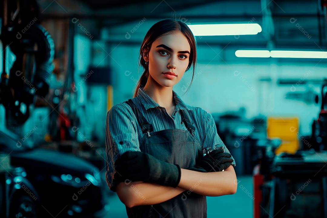 Young mechanical woman on workshop