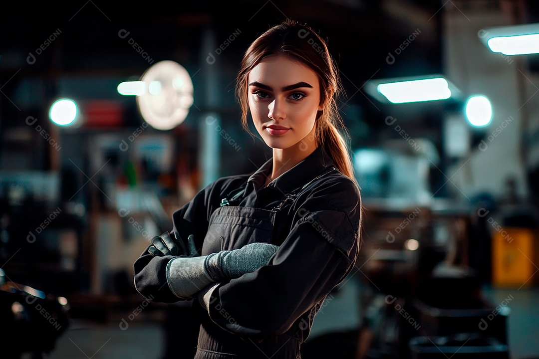 Young mechanical woman on workshop