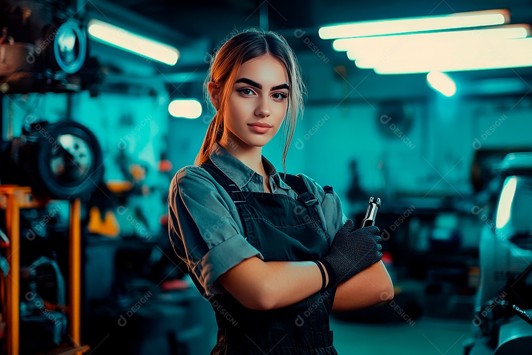 Young mechanical woman on workshop