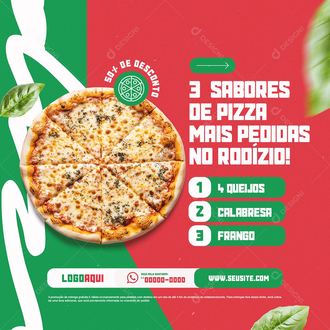 Pizzaria Three Pizza Flavors More Requested in Rodízio Social Media PSD Editable