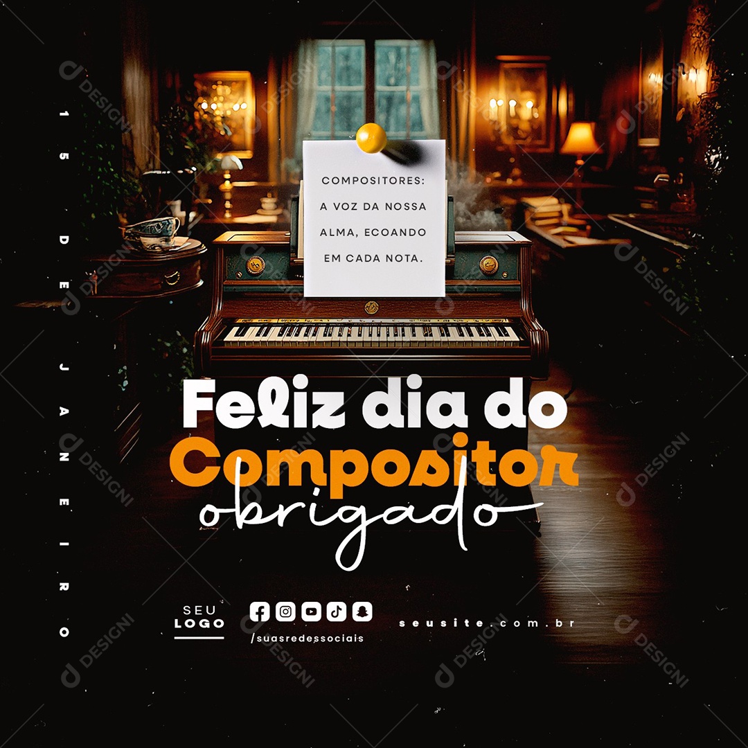 Feliz Dia do Compositor 15 de Janeiro Obrigado Social Media PSD Editável