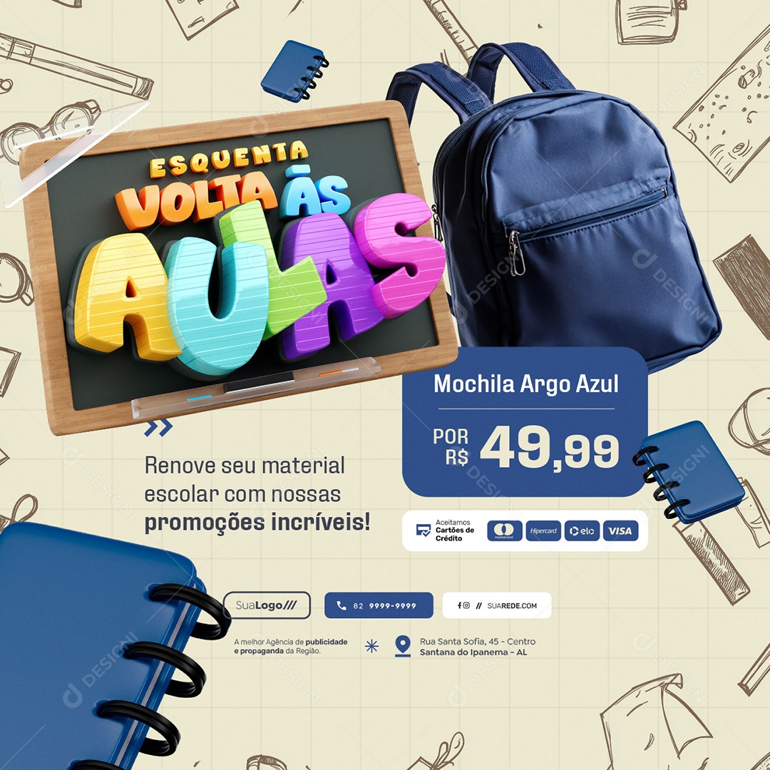 Esquenta Volta às Aulas Mochila Argo Azul Renove seu Material Social Media PSD Editável