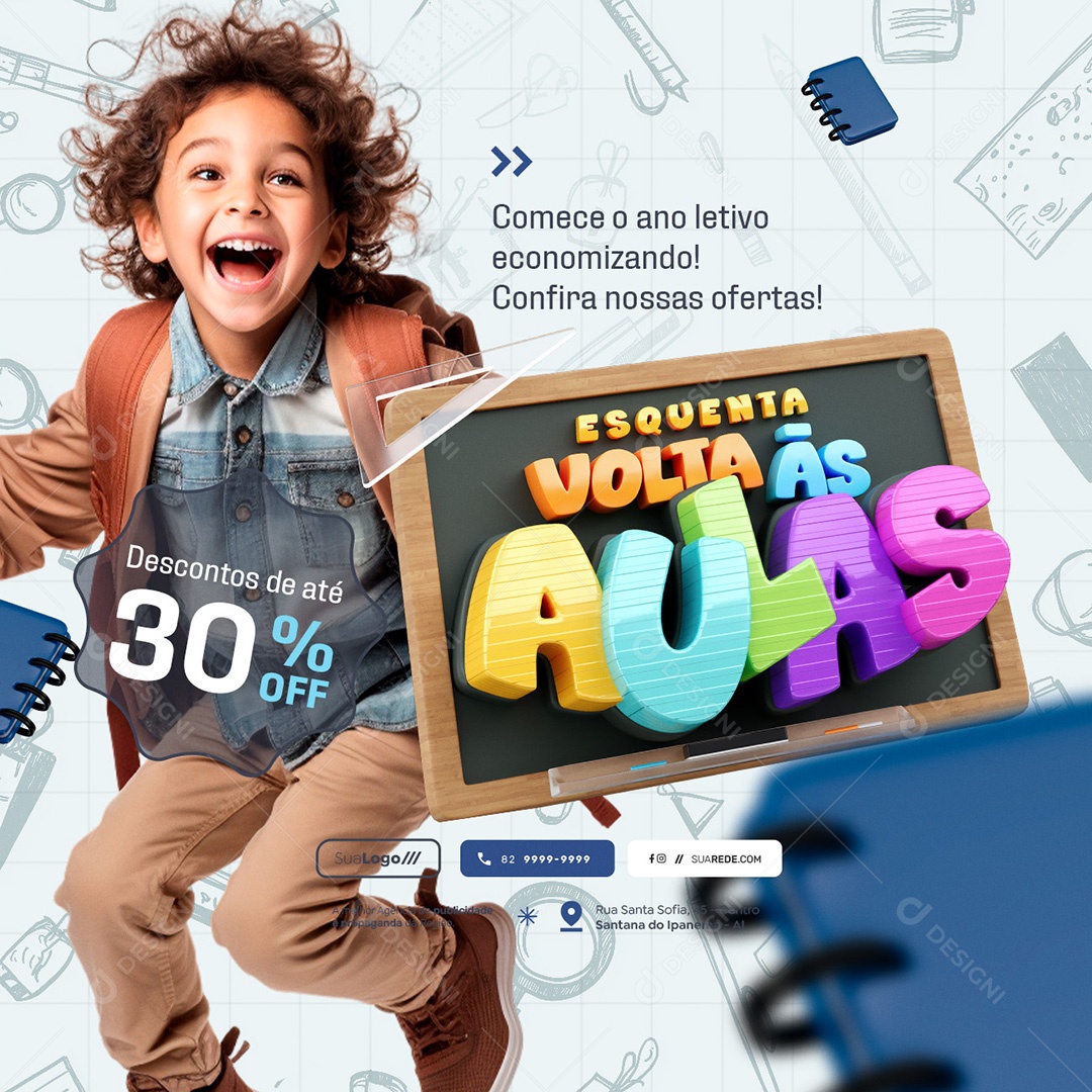 Esquenta Volta às Aulas Descontos de Até 30% Off Social Media PSD Editável