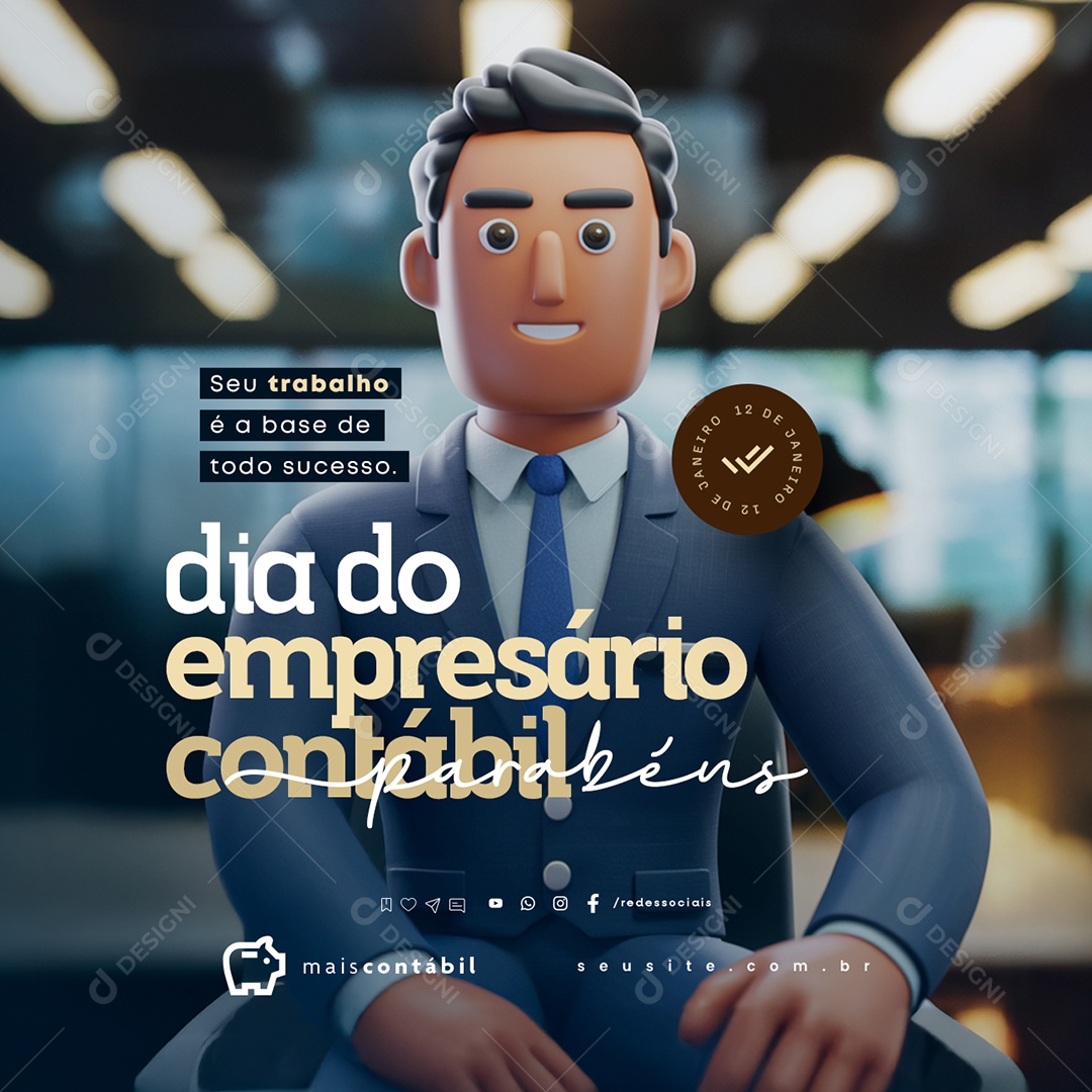 Dia do Empresário Contábil 12 de Janeiro Parabéns Social Media PSD Editável