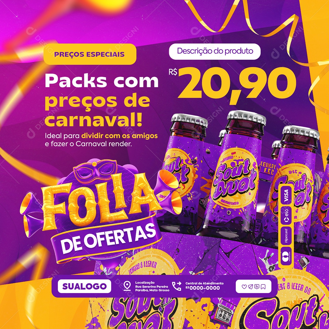 Folia De Ofertas Cervejaria Pack com Preços de Carnaval Social Media PSD Editável