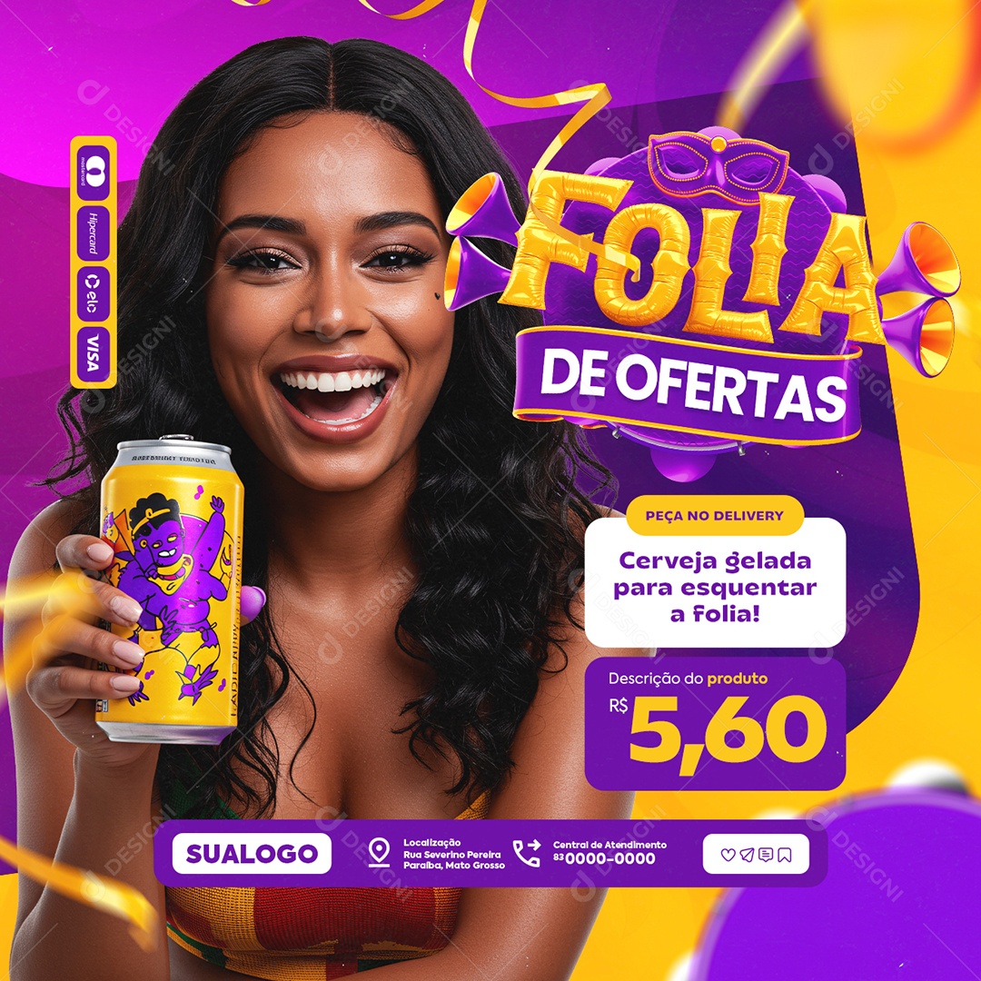 Folia De Ofertas Cervejaria Cerveja Gelada para Esquentar a Folia Social Media PSD Editável