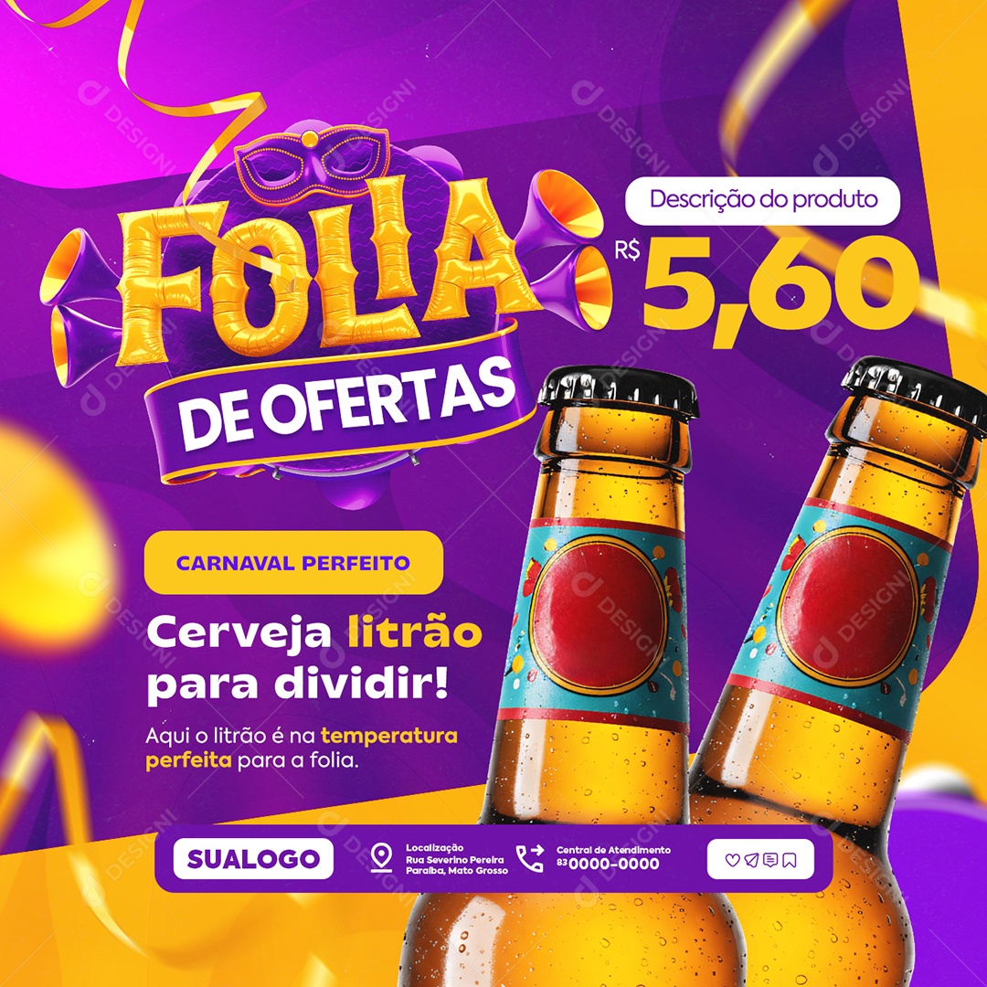 Folia De Ofertas Cervejaria Carnaval Perfeito Cerveja Litrão Social Media PSD Editável