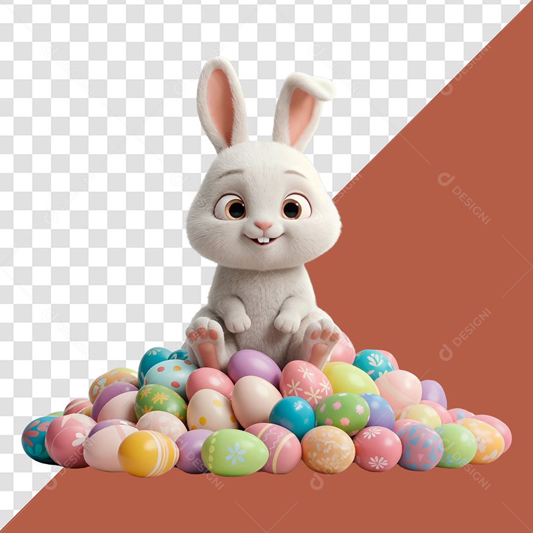 Rabbit Sitting on Easter Eggs 3D Element for Composition PSD